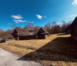 Drevené historické domy na ceste v prírode, ideálne pre turistov a milovníkov tradičnej architektúry.