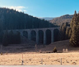 Krajina s mostovým viaduktom v prírode, obklopená lesmi a kopcami, ideálna pre turistiku a cestovanie v Slovenskej prírode. Mostový viadukt v prírodnej krajine s lesmi a kopcami v pozadí.