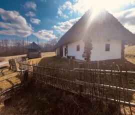 Tradicionálna slovenská dedinská chalupa na cestách, obklopená dreveným plotom a prírodou.